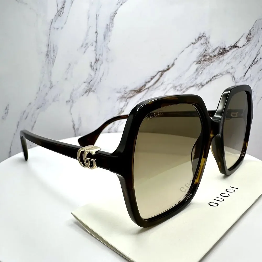New GUCCI Sunglasses Brown Square Oversized Gold Metal GG Logo 56mm